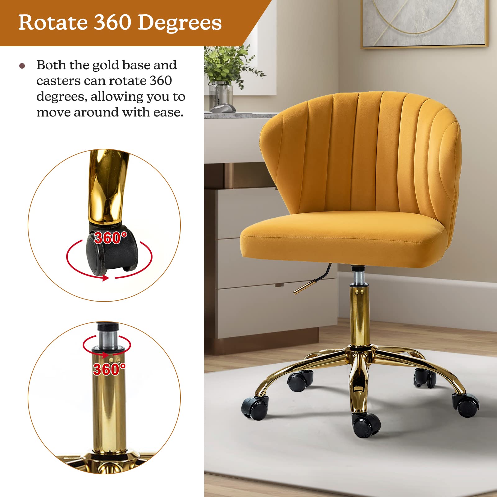 TINA'S HOME Office Desk Chairs with Wheels & Gold Base, Modern Velvet Cute Armless Office Chair, Adjustable Low Back Swivel Rolling Chair, Upholstered Task Chair for Living Room Vanity Study-Mustard