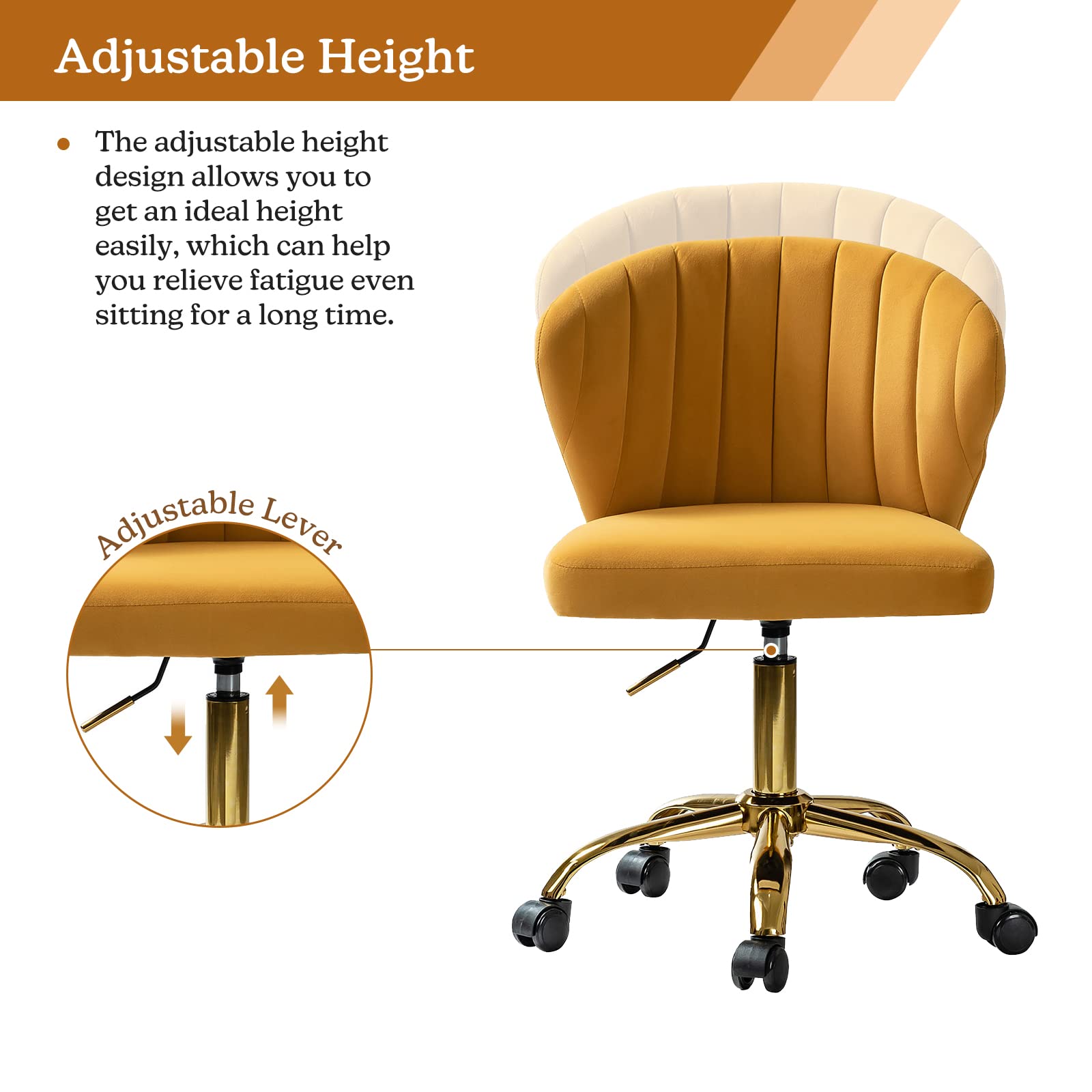 TINA'S HOME Office Desk Chairs with Wheels & Gold Base, Modern Velvet Cute Armless Office Chair, Adjustable Low Back Swivel Rolling Chair, Upholstered Task Chair for Living Room Vanity Study-Mustard