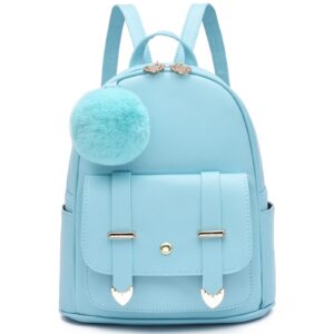 i ihayner girls fashion backpack mini backpack purse for women teenage girls purses pu leather pompom backpack shoulder bag light blue