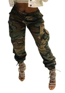 vakkest women's camo cargo pants high waist slim fit trousers camouflage active jogger pocket sweatpants with belt