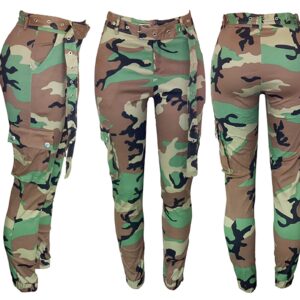 Vakkest Women's Camo Cargo Pants High Waist Slim Fit Trousers Camouflage Active Jogger Pocket Sweatpants with Belt