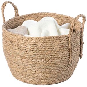vintiquewise decorative round wicker woven rope storage blanket basket with braided handles - medium
