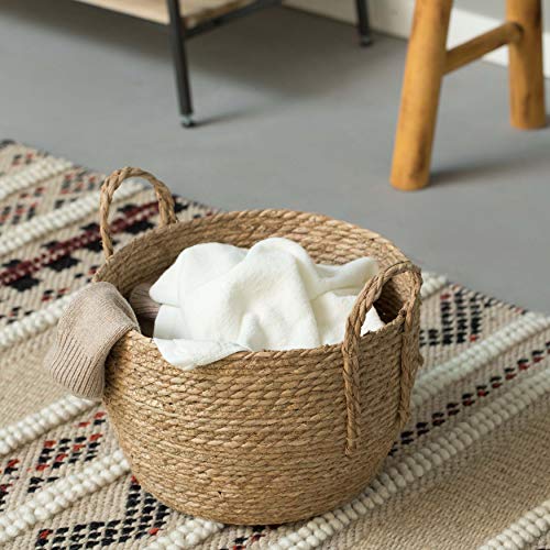 Vintiquewise Decorative Round Wicker Woven Rope Storage Blanket Basket with Braided Handles - Medium