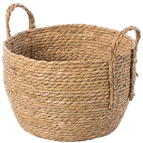 Vintiquewise Decorative Round Wicker Woven Rope Storage Blanket Basket with Braided Handles - Medium