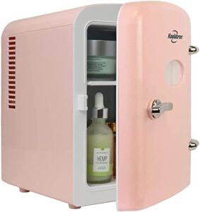 koolatron 4l retro portable mini fridge w/ 12v dc and 110v ac cords, 6 can personal cooler for snacks, beverages, skincare, beauty serum, face mask, desktop accessory for home office dorm travel, pink