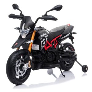 tobbi 12v kids ride-on motorcycle,aprilia licensed battery powered dirt bikes for kids w/training wheels, spring suspension, lights, music story usb mp3(black)