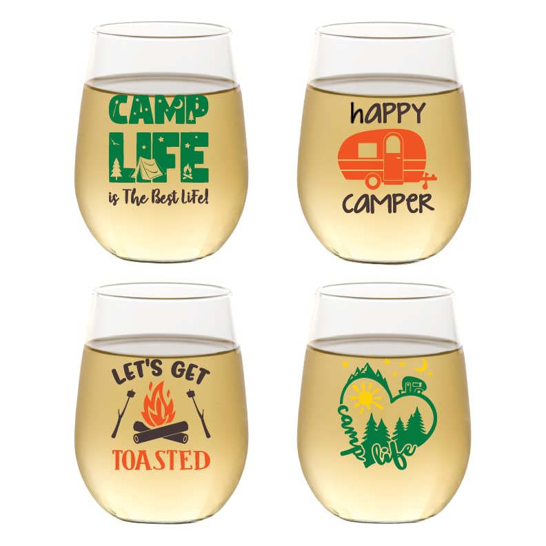 Set of 4 Shatterproof Designer 16 oz Plastic Wine Glasses MADE in the USA (CAMPING)