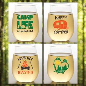 Set of 4 Shatterproof Designer 16 oz Plastic Wine Glasses MADE in the USA (CAMPING)