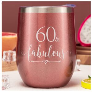 crisky rose gold 60 & fabulous wine tumbler for women 60th birthday gifts for women, wife, mom, sister, aunt, friends, coworker her, vacuum insulated coffee cup,12oz with box, lid, straw