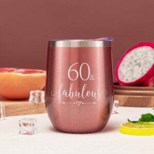 Crisky Rose Gold 60 & Fabulous Wine Tumbler for Women 60th Birthday Gifts for Women, Wife, Mom, Sister, Aunt, Friends, Coworker Her, Vacuum Insulated Coffee Cup,12oz with Box, Lid, Straw