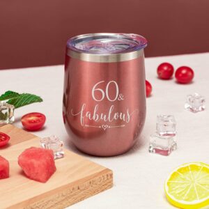 Crisky Rose Gold 60 & Fabulous Wine Tumbler for Women 60th Birthday Gifts for Women, Wife, Mom, Sister, Aunt, Friends, Coworker Her, Vacuum Insulated Coffee Cup,12oz with Box, Lid, Straw