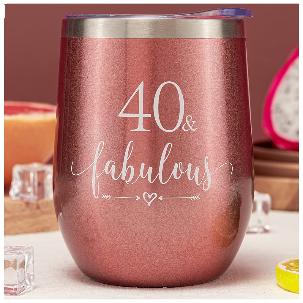 Crisky Rose Gold 40 & Fabulous Wine Tumbler for Women 40th Birthday Gifts for Women, Wife, Mom, Sister, Aunt, Friends, Coworker Her, Vacuum Insulated Coffee Cup,12oz with Box, Lid, Straw