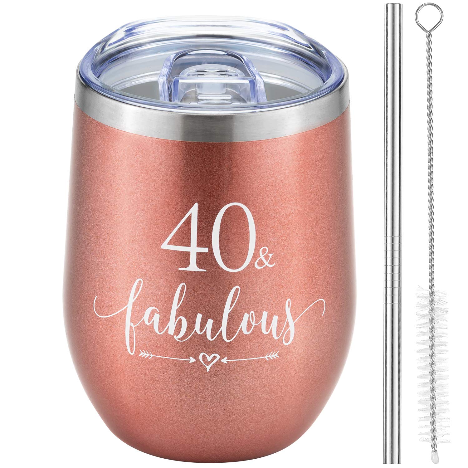 Crisky Rose Gold 40 & Fabulous Wine Tumbler for Women 40th Birthday Gifts for Women, Wife, Mom, Sister, Aunt, Friends, Coworker Her, Vacuum Insulated Coffee Cup,12oz with Box, Lid, Straw