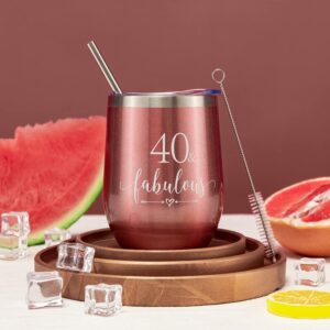 Crisky Rose Gold 40 & Fabulous Wine Tumbler for Women 40th Birthday Gifts for Women, Wife, Mom, Sister, Aunt, Friends, Coworker Her, Vacuum Insulated Coffee Cup,12oz with Box, Lid, Straw