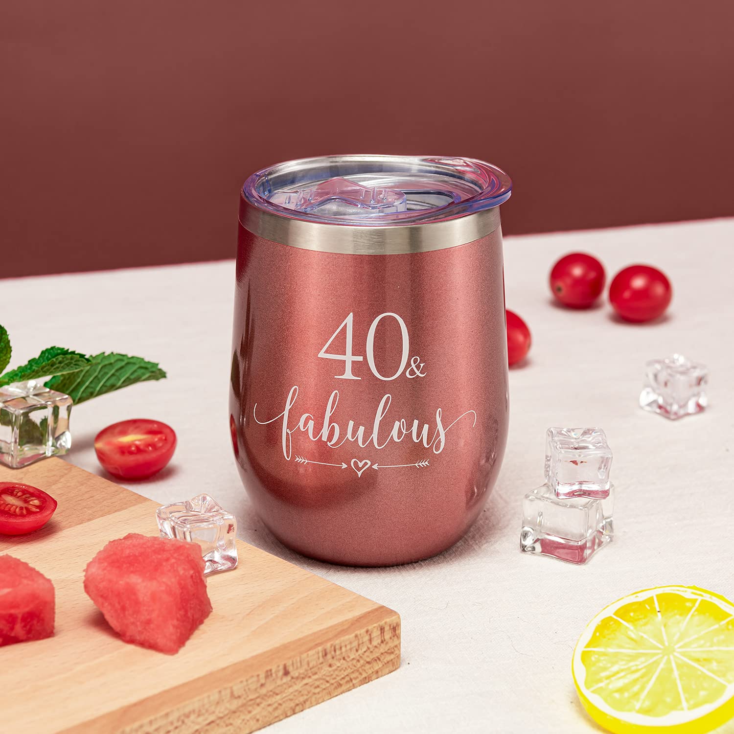 Crisky Rose Gold 40 & Fabulous Wine Tumbler for Women 40th Birthday Gifts for Women, Wife, Mom, Sister, Aunt, Friends, Coworker Her, Vacuum Insulated Coffee Cup,12oz with Box, Lid, Straw