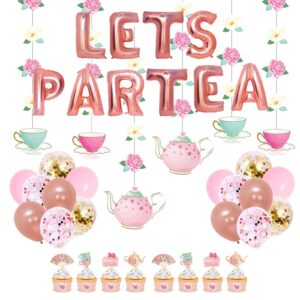jopary tea party decorations with let's par tea aluminum foil balloons floral tea party hanging decorations latex balloons and teapots teacups cupcake toppers for lets par-tea party decor