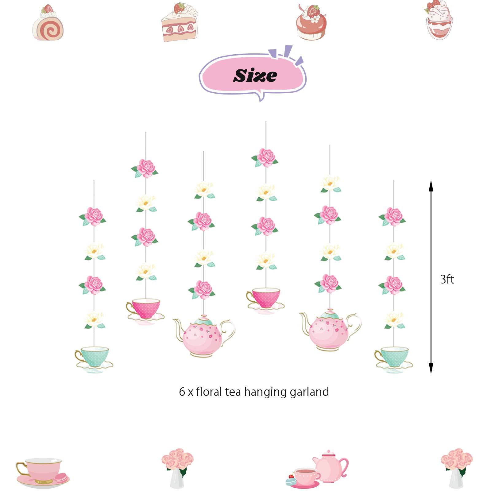 JOPARY Tea Party Decorations with LET'S PAR TEA Aluminum Foil Balloons Floral Tea Party Hanging Decorations Latex Balloons and Teapots Teacups Cupcake Toppers for Lets Par-Tea Party Decor