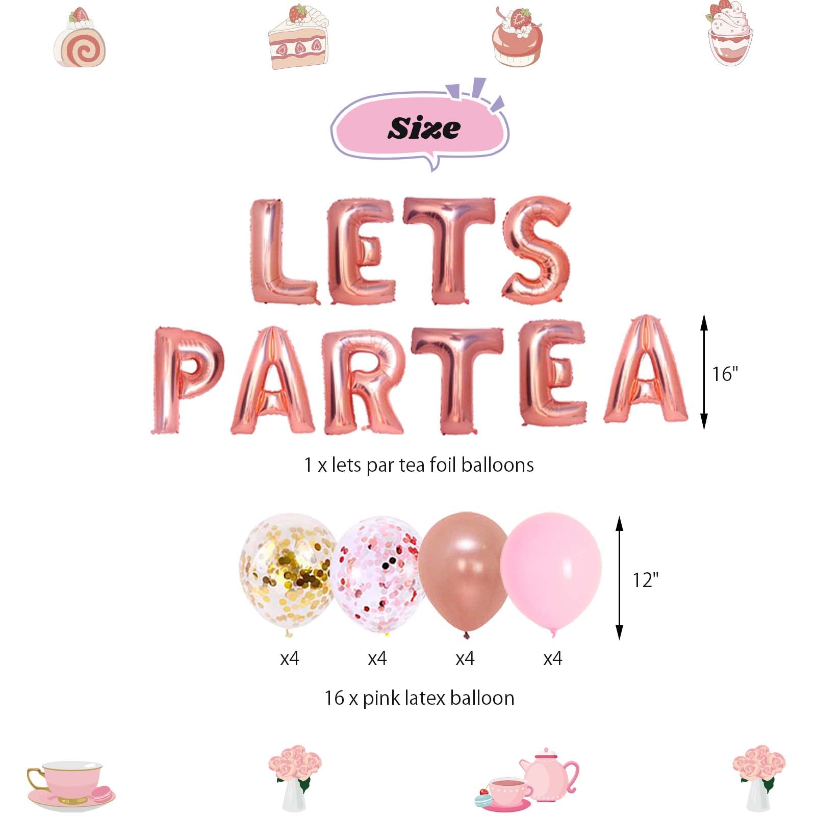 JOPARY Tea Party Decorations with LET'S PAR TEA Aluminum Foil Balloons Floral Tea Party Hanging Decorations Latex Balloons and Teapots Teacups Cupcake Toppers for Lets Par-Tea Party Decor