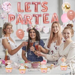 JOPARY Tea Party Decorations with LET'S PAR TEA Aluminum Foil Balloons Floral Tea Party Hanging Decorations Latex Balloons and Teapots Teacups Cupcake Toppers for Lets Par-Tea Party Decor