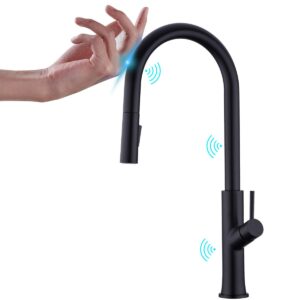 trustmi touch kitchen faucet, kitchen sink faucet, smart kitchen faucet touch-on activated, single hole kitchen faucet with 2 function pull down sprayer, lead-free water supply, matte black