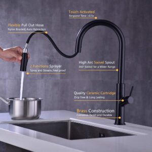 TRUSTMI Touch Kitchen Faucet, Kitchen Sink Faucet, Smart Kitchen Faucet Touch-On Activated, Single Hole Kitchen Faucet with 2 Function Pull Down Sprayer, Lead-Free Water Supply, Matte Black