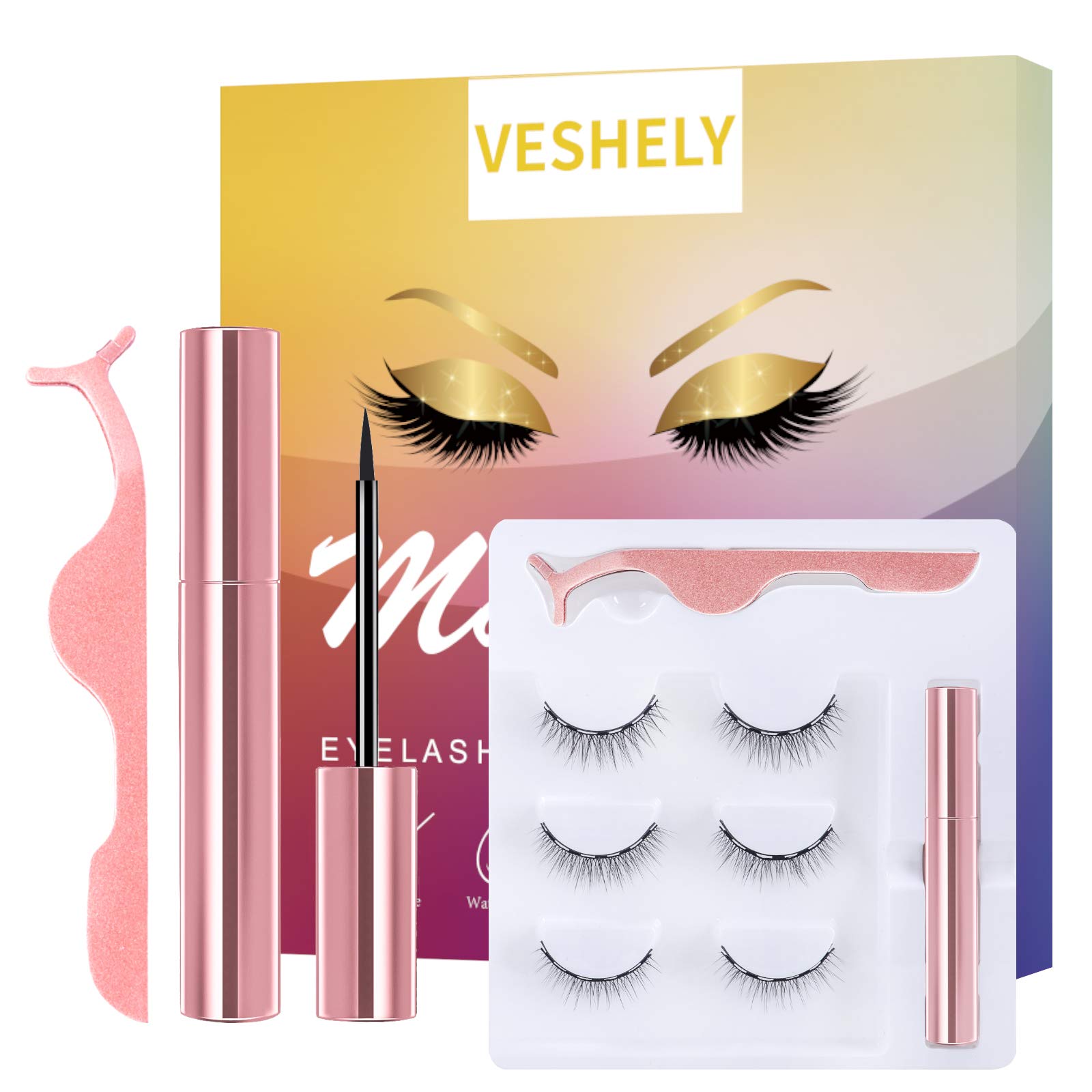 VESHELY Natural Magnetic Eyelashes with Eyeliner,3 Pairs Natural Look False Lashes Kit,3D Short Magnetic Eyelash Set - No Glue Needed