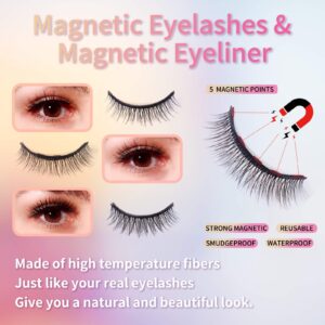 VESHELY Natural Magnetic Eyelashes with Eyeliner,3 Pairs Natural Look False Lashes Kit,3D Short Magnetic Eyelash Set - No Glue Needed