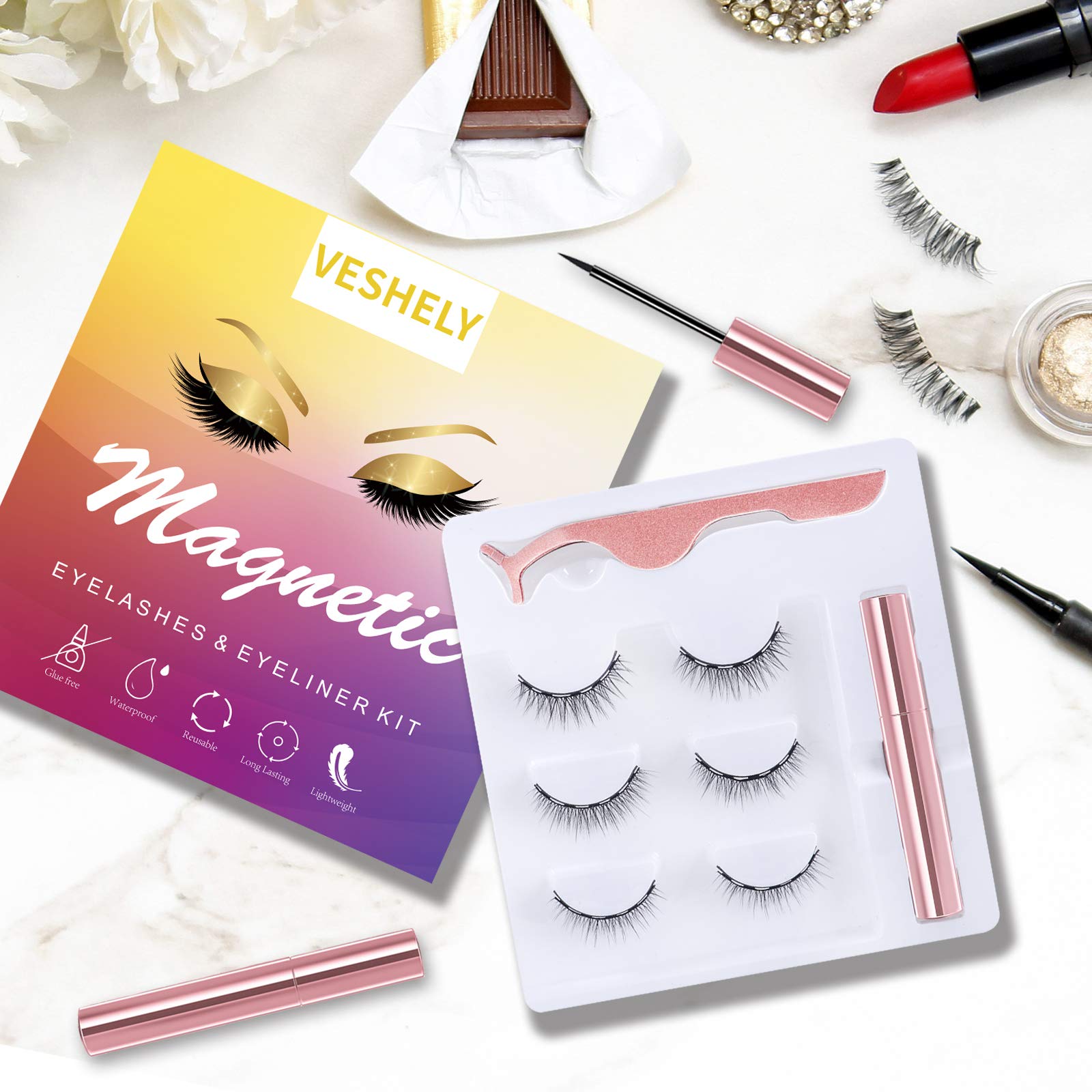 VESHELY Natural Magnetic Eyelashes with Eyeliner,3 Pairs Natural Look False Lashes Kit,3D Short Magnetic Eyelash Set - No Glue Needed