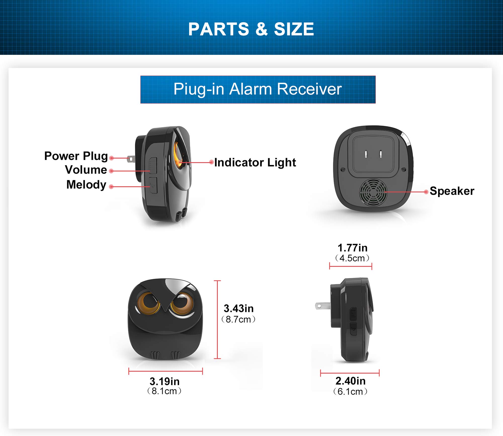 Extra Wireless Plug-in Receiver for HTZSAFE Wireless Alarms- Up to 32 Zones and 35 Optional Melodies- 4 Adjustable Volume Levels