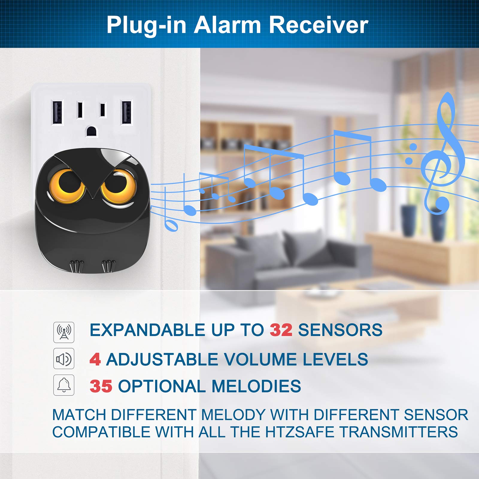 Extra Wireless Plug-in Receiver for HTZSAFE Wireless Alarms- Up to 32 Zones and 35 Optional Melodies- 4 Adjustable Volume Levels