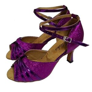 Womens Latin Salsa Dance Shoe Customized Heel Glitter Open Toe Ballroom Party Indoor Dancing Sandals More Colors (Purple, Numeric_8_Point_5)