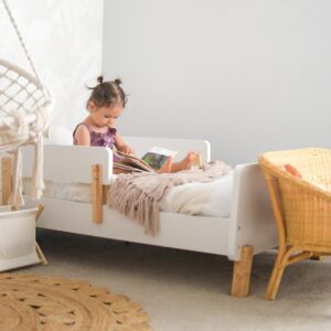 dadada Muse Toddler Bed with Removable Rails – Toddler and Kids Bed Set Fits Standard Crib Mattress, Holds up to 50 Lbs. – Modern, Easy-to-Assemble, 55.15x 31.26x17.95 in, White + Natural