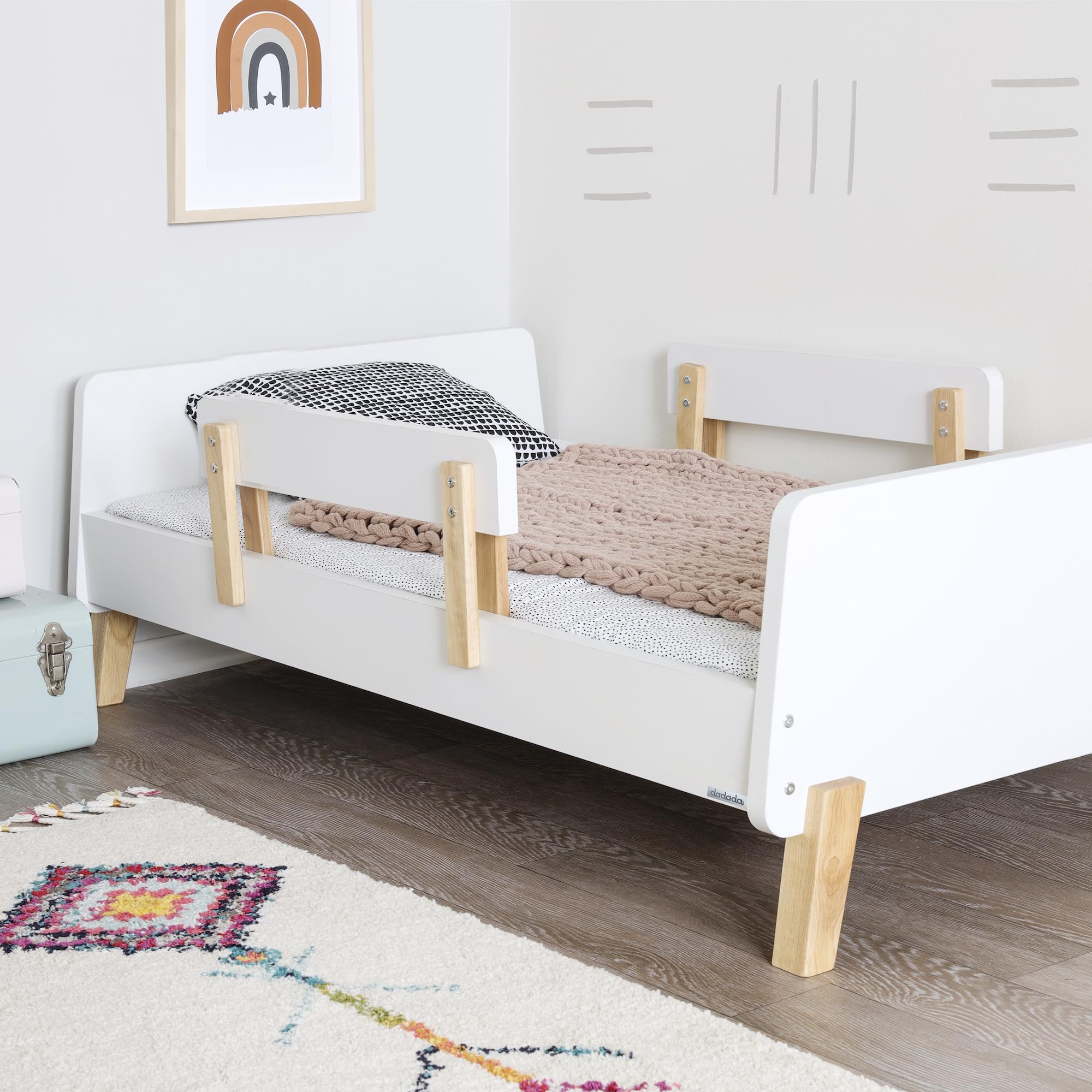 dadada Muse Toddler Bed with Removable Rails – Toddler and Kids Bed Set Fits Standard Crib Mattress, Holds up to 50 Lbs. – Modern, Easy-to-Assemble, 55.15x 31.26x17.95 in, White + Natural