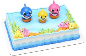 decoset baby shark cake topper, 3-piece set with mom, dad and little one, adorable decorations with collectible figurines