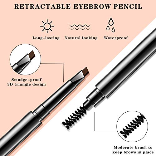 6 Packs Eyebrow Pencil Long Lasting with Brush, Waterproof Retractable Brow Pencil Mechanical Sweat-proof 2 in 1 Double Headed Brow Pencil and Brow Brush Makeup Tool (Dark Coffee)