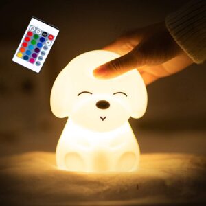 kids night light, remote control soft silicone puppy dog night lamp baby nursery night lights rechargeable, color changing bedside night light for children infant toddler teen girls boys with timer