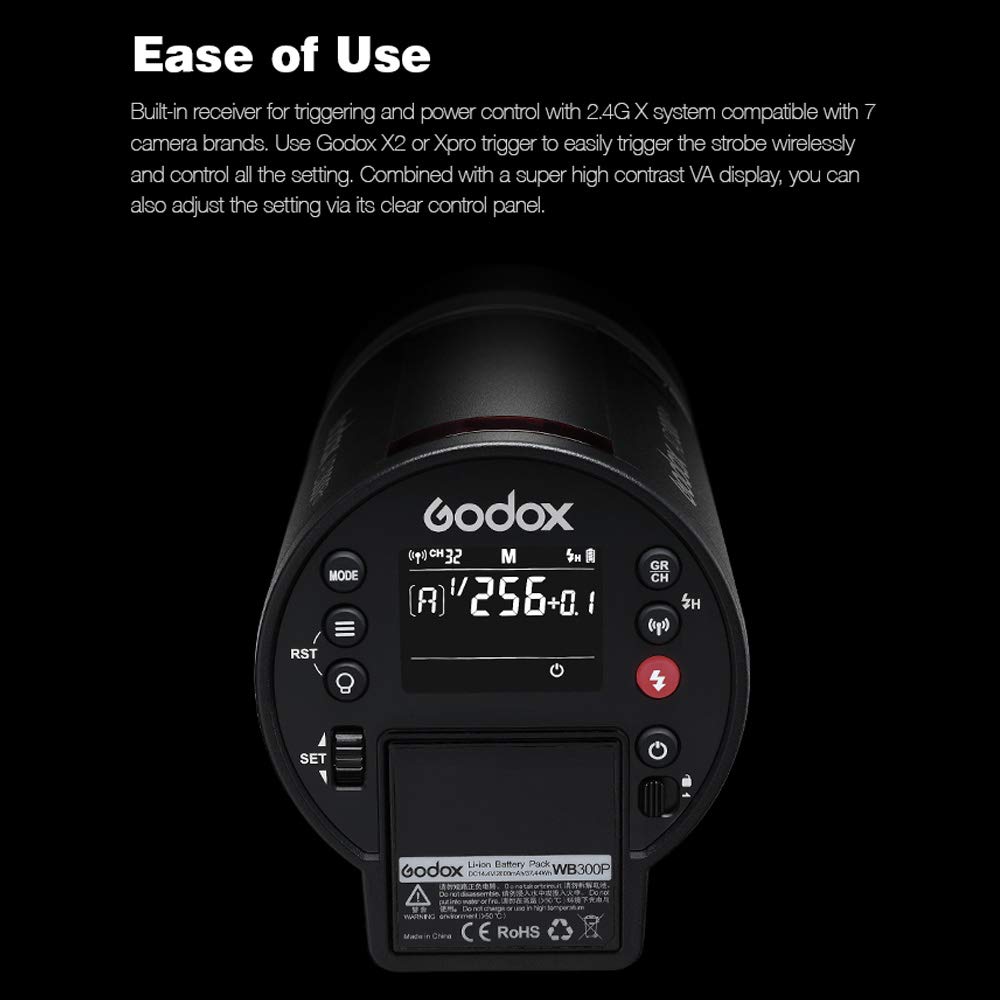 Godox AD300Pro AD300 Pro Strobe Light, 300W 2.4G TTL Flash Strobe Monolight, 1/8000 HSS, 0.01-1.8S Recycle Time, 300 Full Power Pops, 5600±100K, 12W Brightness Adjustable Bi-Color Modeling Led