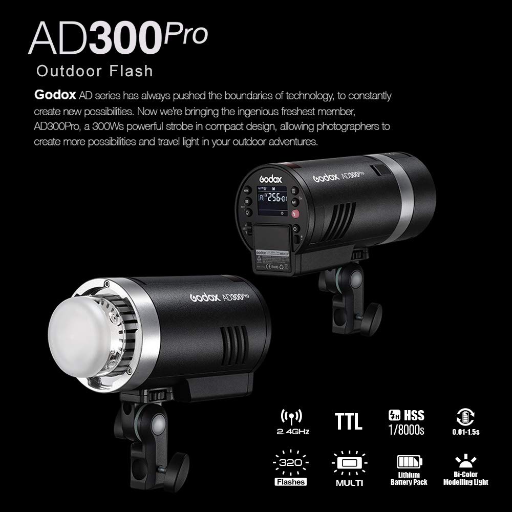 Godox AD300Pro AD300 Pro Strobe Light, 300W 2.4G TTL Flash Strobe Monolight, 1/8000 HSS, 0.01-1.8S Recycle Time, 300 Full Power Pops, 5600±100K, 12W Brightness Adjustable Bi-Color Modeling Led