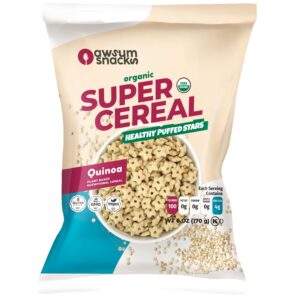 awsum snacks supercereal 6oz - certified usda organic, vegan, gluten free, non gmo, kosher & grain, dairy and sugar free cereals - diabetic healthy snack - cereal puffed quinoa plain