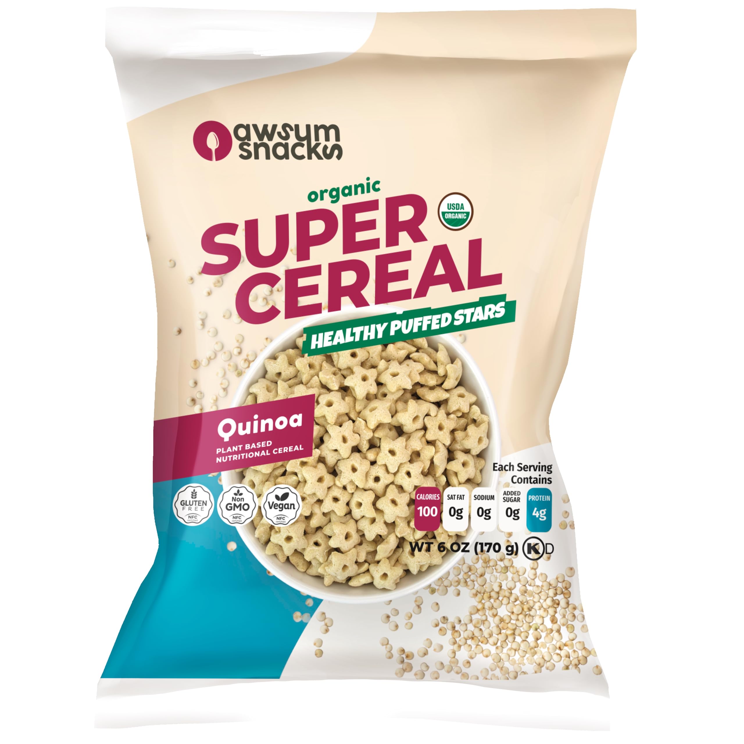 Awsum Snacks SUPERCEREAL 6oz - Certified USDA Organic, Vegan, Gluten Free, Non GMO, Kosher & Grain, Dairy and Sugar Free Cereals - Diabetic Healthy Snack - Cereal Puffed Quinoa Plain