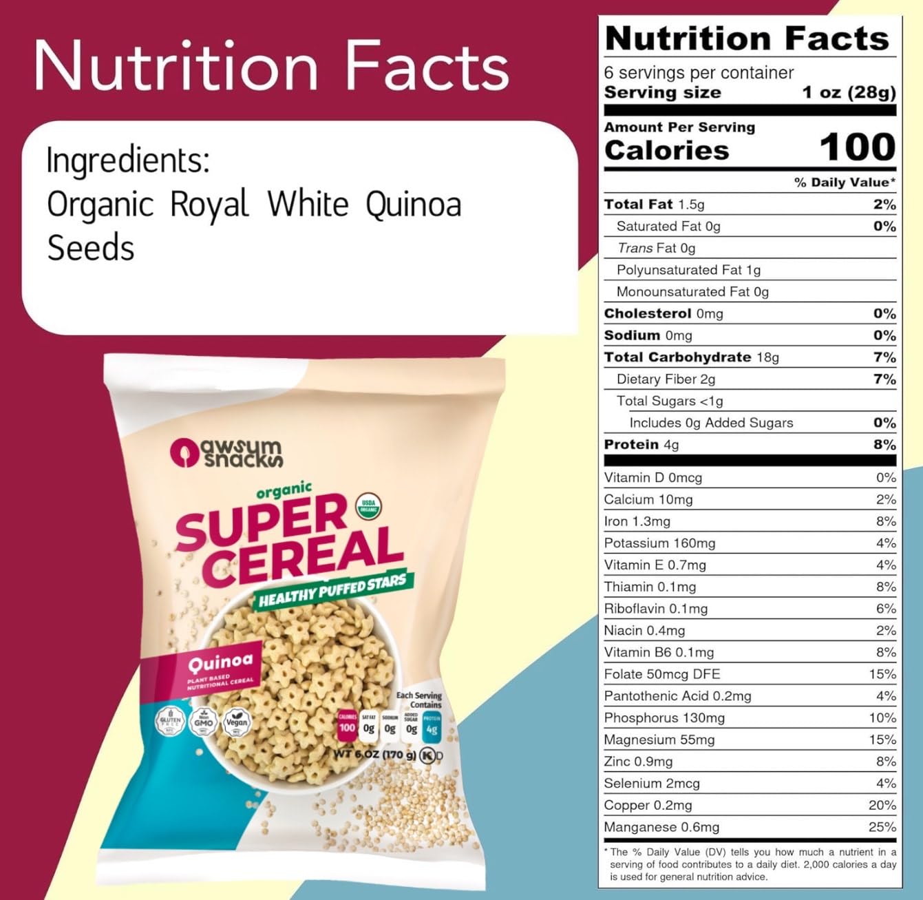 Awsum Snacks SUPERCEREAL 6oz - Certified USDA Organic, Vegan, Gluten Free, Non GMO, Kosher & Grain, Dairy and Sugar Free Cereals - Diabetic Healthy Snack - Cereal Puffed Quinoa Plain