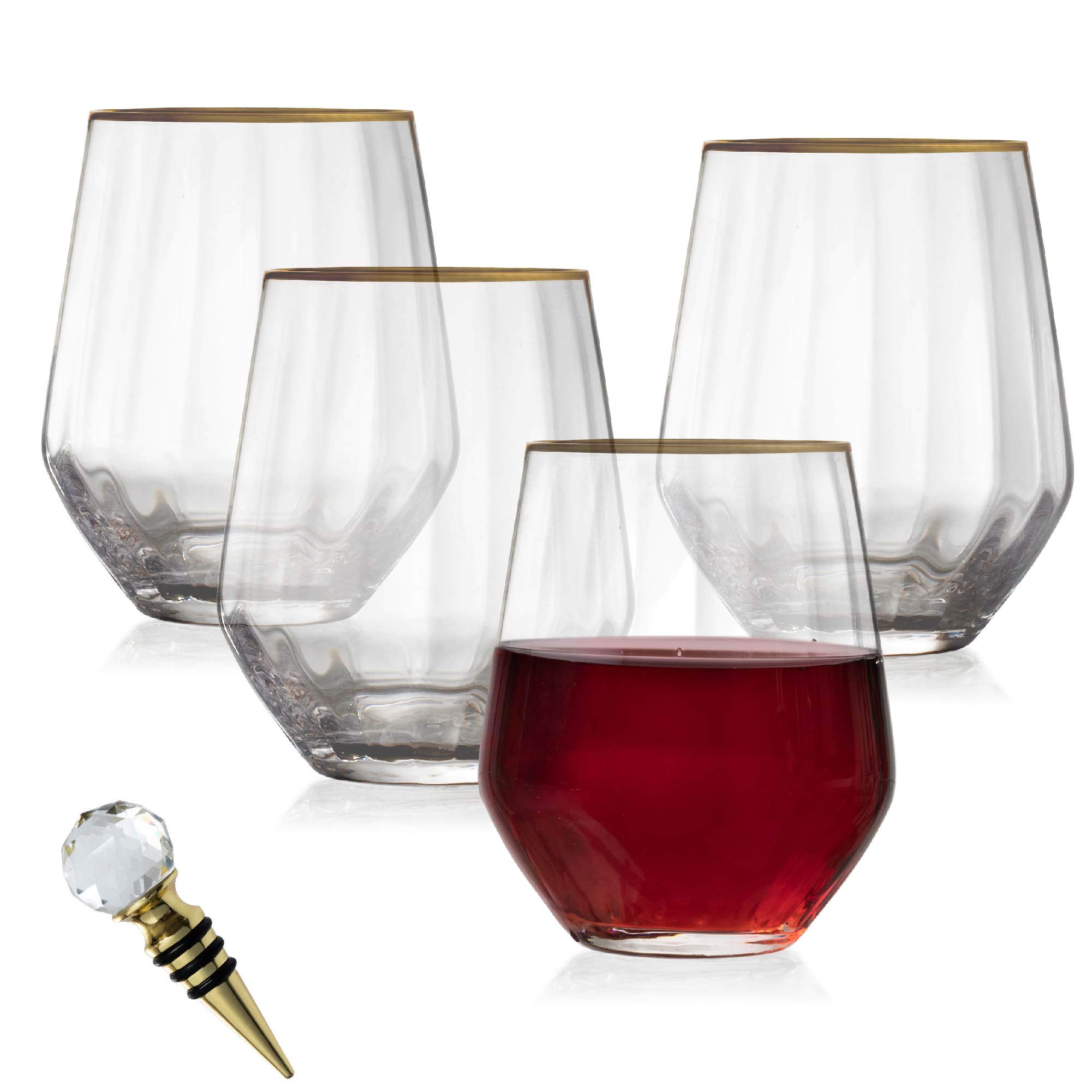 Hand blown Stemless 15.5 Oz. Wine Glass - 24K Gold-Rim - Set of 4 Classic Red & White Wine Glasses + Bottle Stopper, Lead-Free Crystal Cocktail Goblet -Tumbler for Entertaining & Gifting, Lumi & Numi