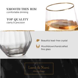 Hand blown Stemless 15.5 Oz. Wine Glass - 24K Gold-Rim - Set of 4 Classic Red & White Wine Glasses + Bottle Stopper, Lead-Free Crystal Cocktail Goblet -Tumbler for Entertaining & Gifting, Lumi & Numi
