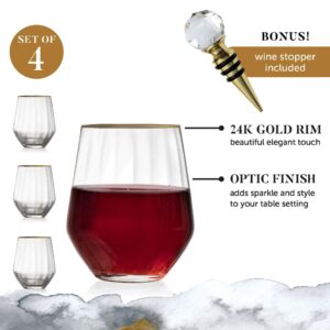 Hand blown Stemless 15.5 Oz. Wine Glass - 24K Gold-Rim - Set of 4 Classic Red & White Wine Glasses + Bottle Stopper, Lead-Free Crystal Cocktail Goblet -Tumbler for Entertaining & Gifting, Lumi & Numi