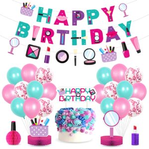 sumind spa theme party supplies for girls makeup party decorations includes 3 happy birthday banner 1cake topper pick and 20 latex balloons 4 honeycomb centerpieces for spa make up theme party decor