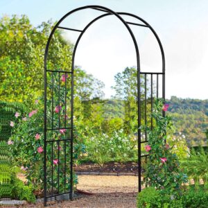 ldaily moccha garden arch arbor trellis, 7.2ft outdoor steel arbor with stakes, metal archway for climbing plants, wide sturdy durable garden arch for lawn, party, ceremony wedding decoration, black