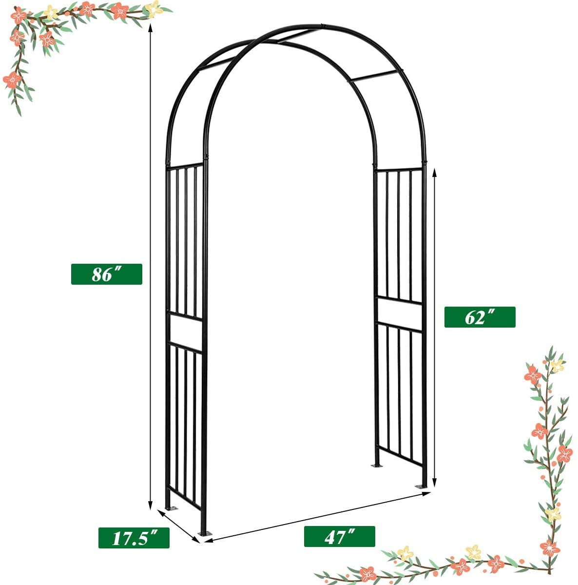 LDAILY Moccha Garden Arch Arbor Trellis, 7.2Ft Outdoor Steel Arbor with Stakes, Metal Archway for Climbing Plants, Wide Sturdy Durable Garden Arch for Lawn, Party, Ceremony Wedding Decoration, Black