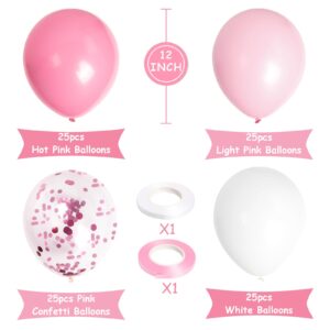 100pcs 12Inch Pink Balloons Hot Pink Light Pink White and Pink Confetti Latex Balloons for Girls Woman Birthday Decorations Valentines Day Baby Shower Bridal Proposal Wedding Party Decorations