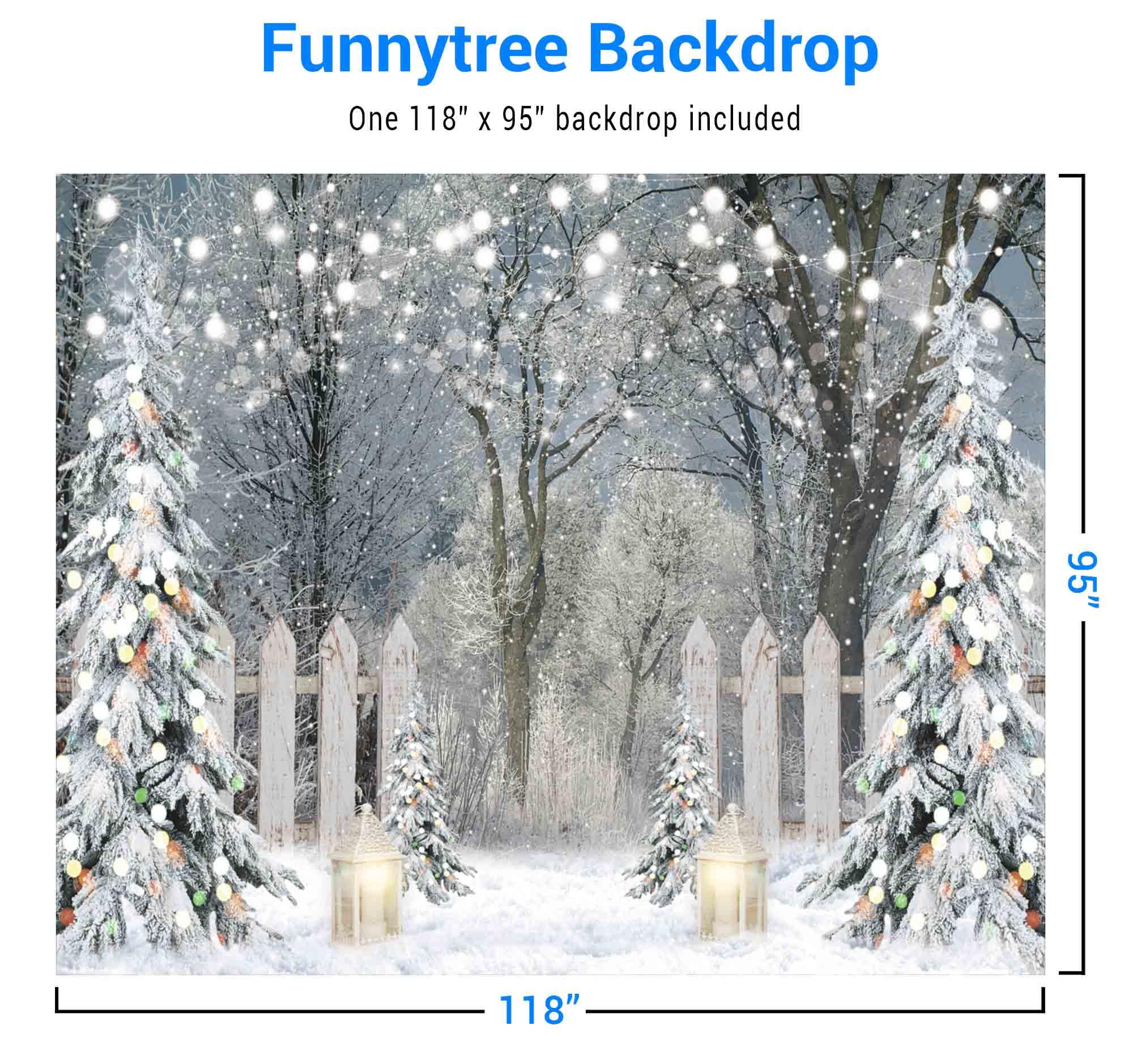 Funnytree 10x8FT Soft Fabric Winter Photography Backdrop Glitter Snowy Forest Pine Tree Background Let It Snow Christmas Xmas Holiday Party Decor Banner Portrait Studio Booth Photobooth Props