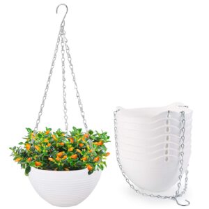 foraineam 8 pack white hanging planters self-watering indoor outdoor garden flower plant pot containers with drainer and hanging chain